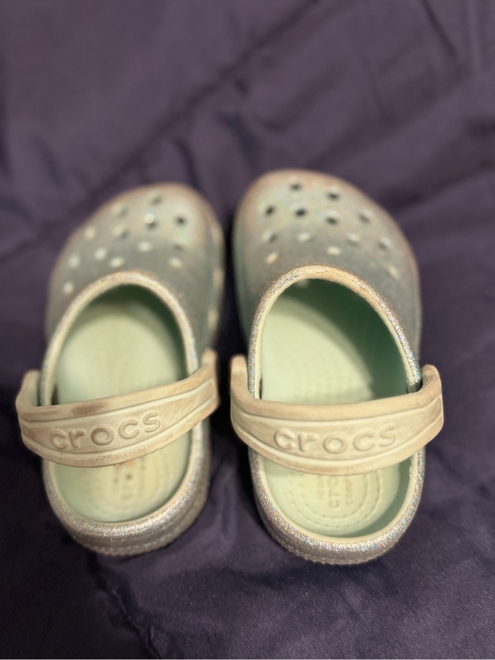 CROCS Kids Glitter Clog in Mint Green with Champagne Strap